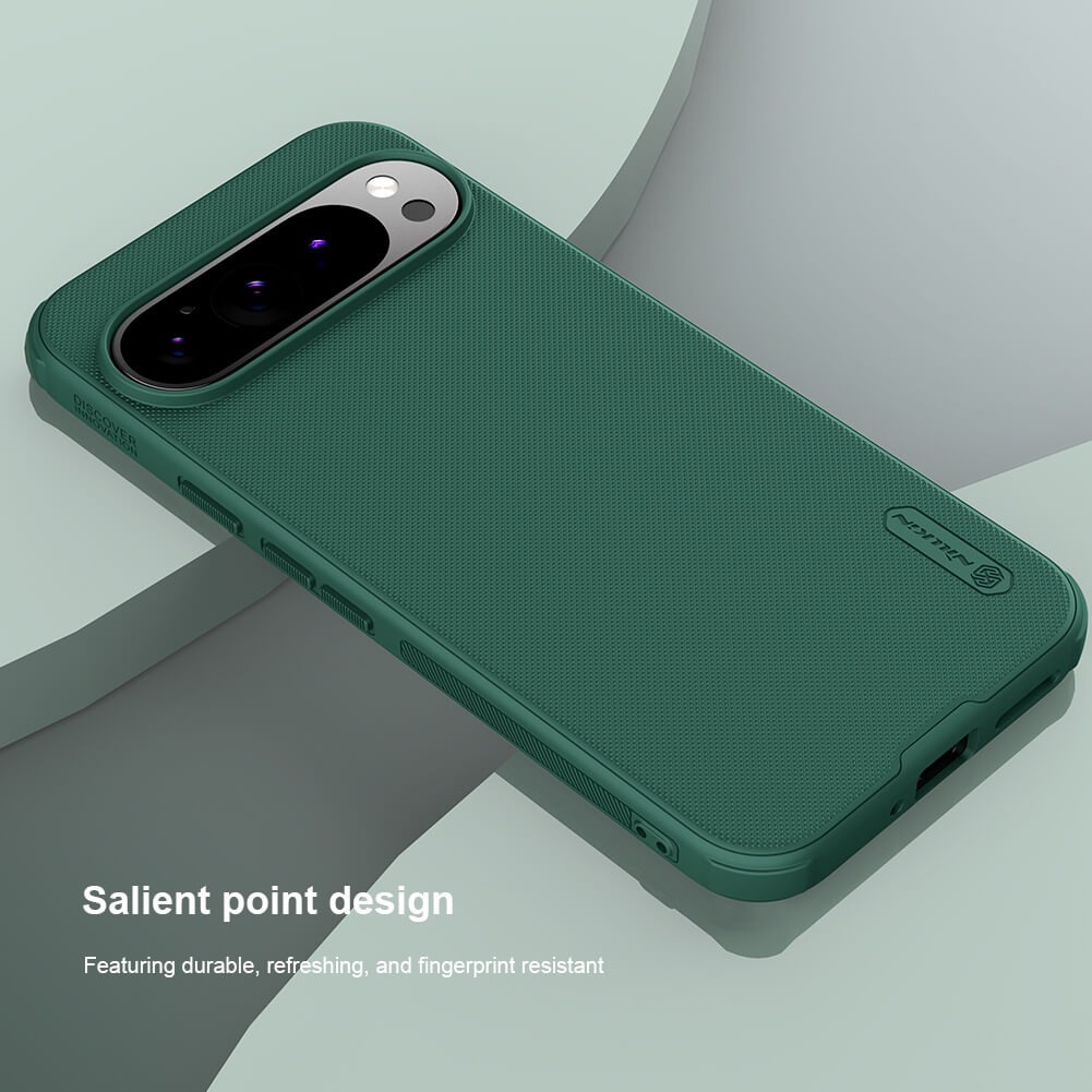 Close up of a green Google Pixel 9 pro XL  case with a salient point design for enhanced grip and fingerprint resistance. Perfect for a stylish and secure hold