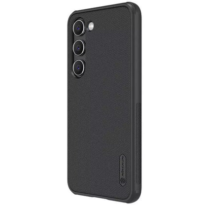 Angled side view of the black matte samsung s23 cover, showing slim fit and textured body.