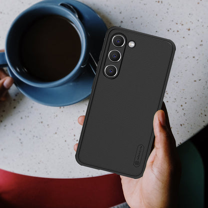  A hand holding a samsung s23 cover with the black Super Frosted Shield Pro matte cover, ideal for daily use and protection