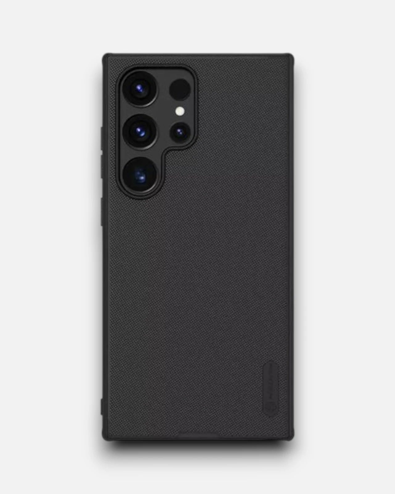 Rear flat view of s24 ultra cases india in black with triple camera cutouts and raised protection lips