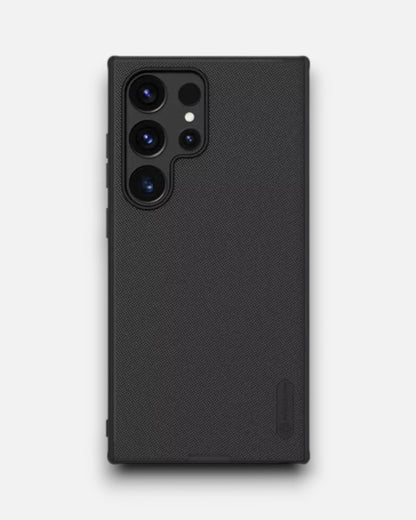 Rear flat view of s24 ultra cases india in black with triple camera cutouts and raised protection lips