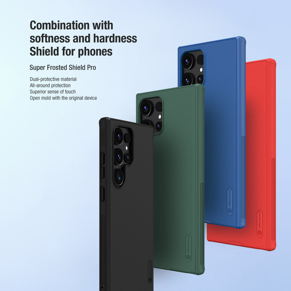 Matte black, green, blue, and red Nillkin Super Frosted Shield Pro cases displayed standing, showcasing their solid build and premium finish for s24 ultra cases india