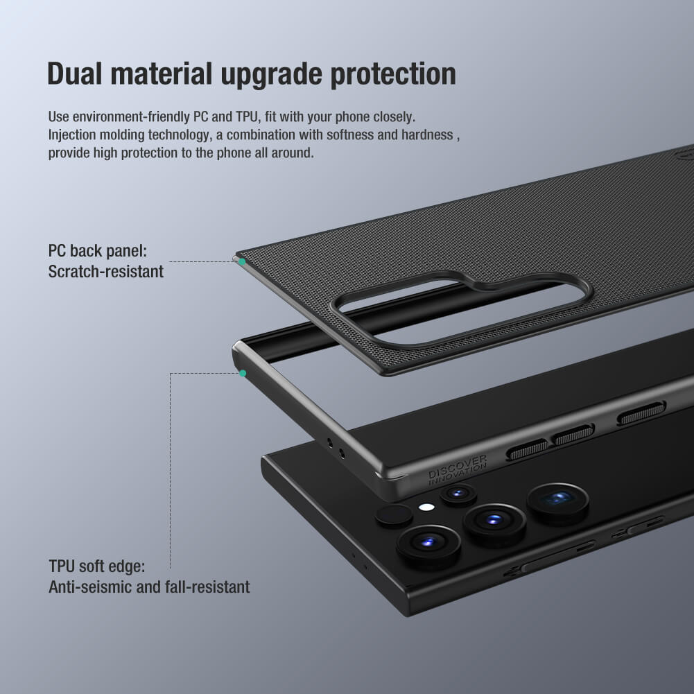 Exploded view of the dual layer structure with a scratch resistant PC back and a soft TPU edge for anti shock protection for s24 ultra cases india
