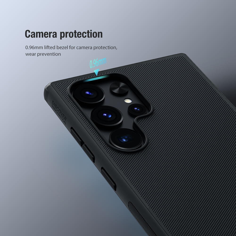 Raised edge camera protection with 0.5mm buffer on black Nillkin Shield Pro s24 ultra cases india