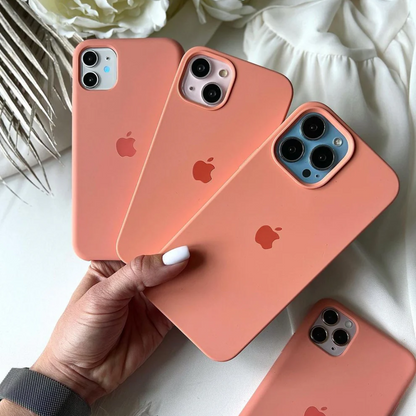 Peach pink liquid silicone iPhone cover  with Apple logo, iphone 16 cover offering a soft matte finish and full camera cutout.