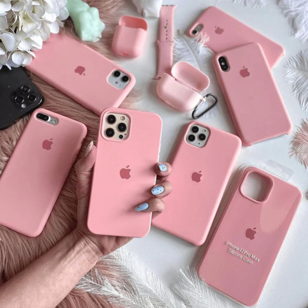 A vibrant collection of pink iPhone covers, Apple Watch straps, and AirPods cases, sleek and soft liquid silicone Apple covers for iphone 15 pro covers