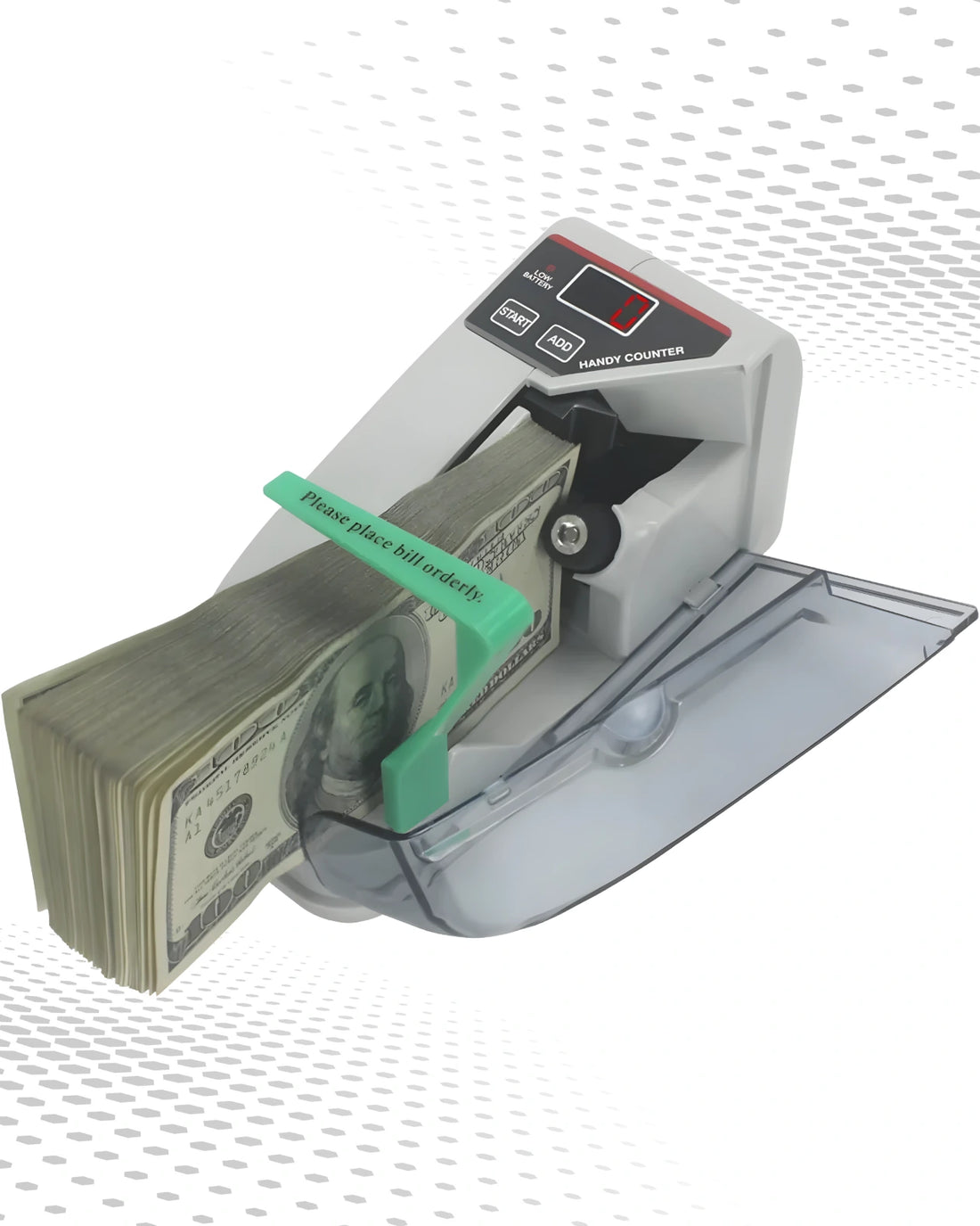 Compact note counting machine processing a stack of US dollar bills with transparent side cover