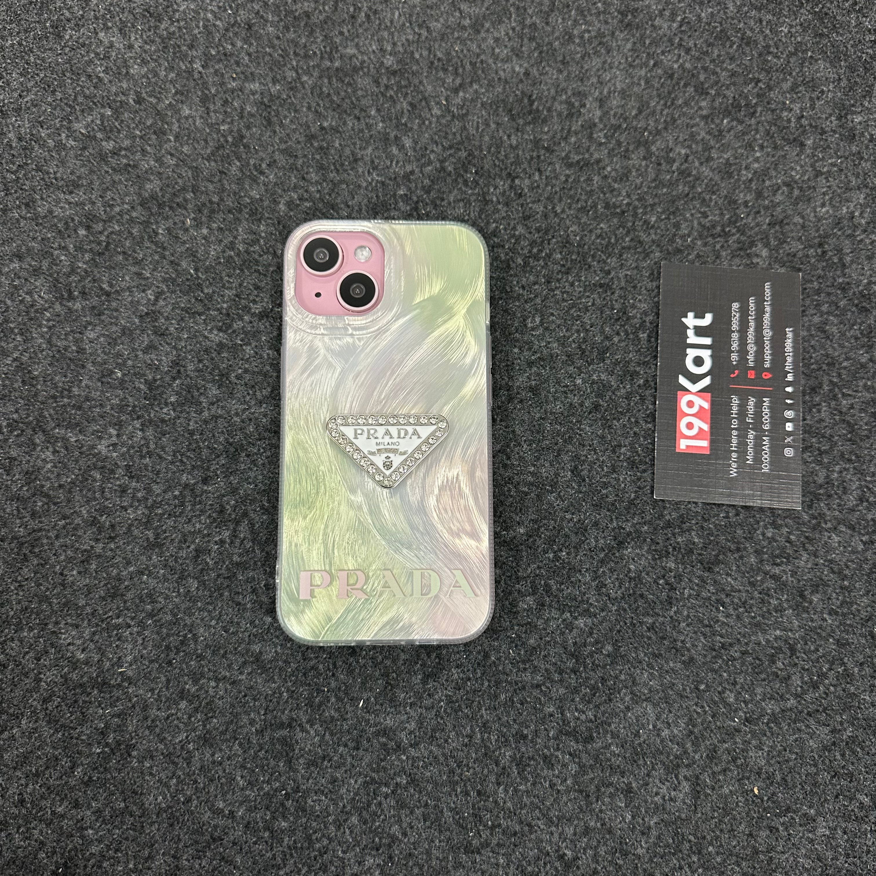 Ultra slim designer iPhone case, iphone 15 cover showcasing a textured Prada logo and gold electroplated detailing.