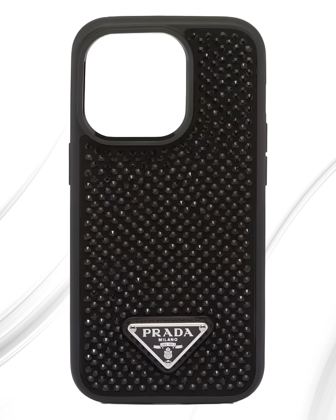 Black luxury apple cover with textured crystal studded surface and Prada Milano logo at the bottom for iphone 15 pro covers