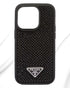 Black luxury apple cover with textured crystal studded surface and Prada Milano logo at the bottom for iphone 15 pro covers
