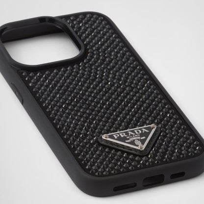 Side angle of a premium iPhone cover featuring a glitter stone back and Prada logo in a triangular metal badge for 