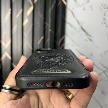 Bottom view of the iPhone cover with detailed speaker cutouts and charging port design in high quality leather for iphone 15 pro max cover