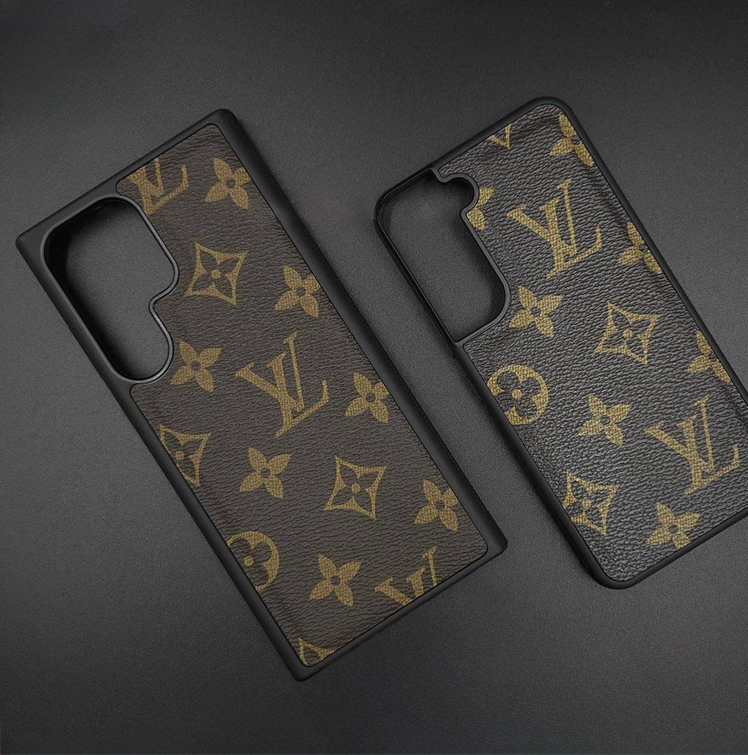 Brown leather Samsung cover with gold LV monogram print, giving the S25 Ultra a premium designer finish.