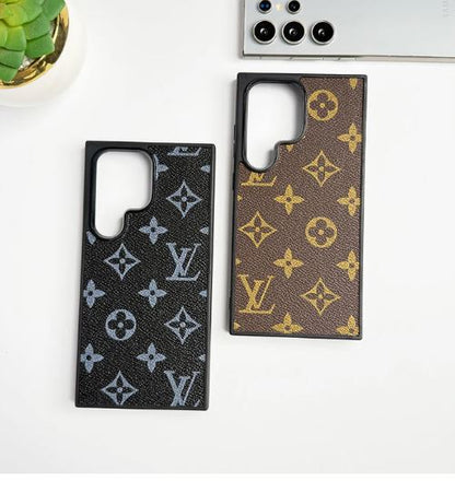 Set of Samsung cover leather cases in gold with silver LV pattern and black with gold LV design, showcasing a luxury style combo 