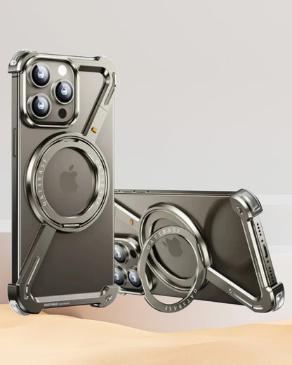 Silver iPhone cover with metal bumper frame and built in rotating ring stand for iphone 15 pro max cover offering a futuristic and premium Apple cover look.