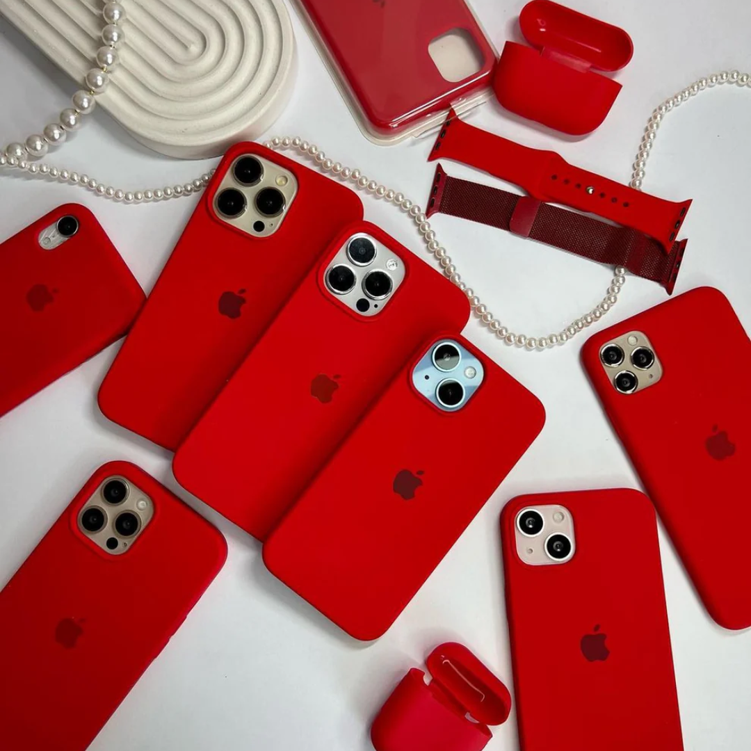 Vibrant red iPhone cases, Apple covers, and AirPods accessories laid out in a stylish flatlay for a bold matching set for iphone 15 pro max cover