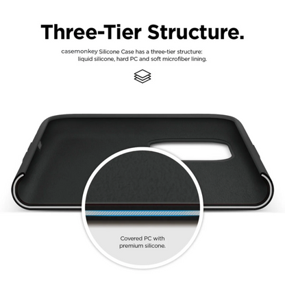 Cross section view of a black iPhone cover for iphone 16 pro max cover showing its triple layer protection with silicone, hard PC, and microfiber lining.