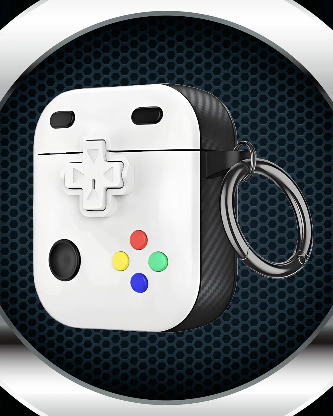 Close up of the white gamepad style AirPods case showing prominent directional pad and multi color button detailing, airpod 2nd gen case evoking a classic gaming feel.
