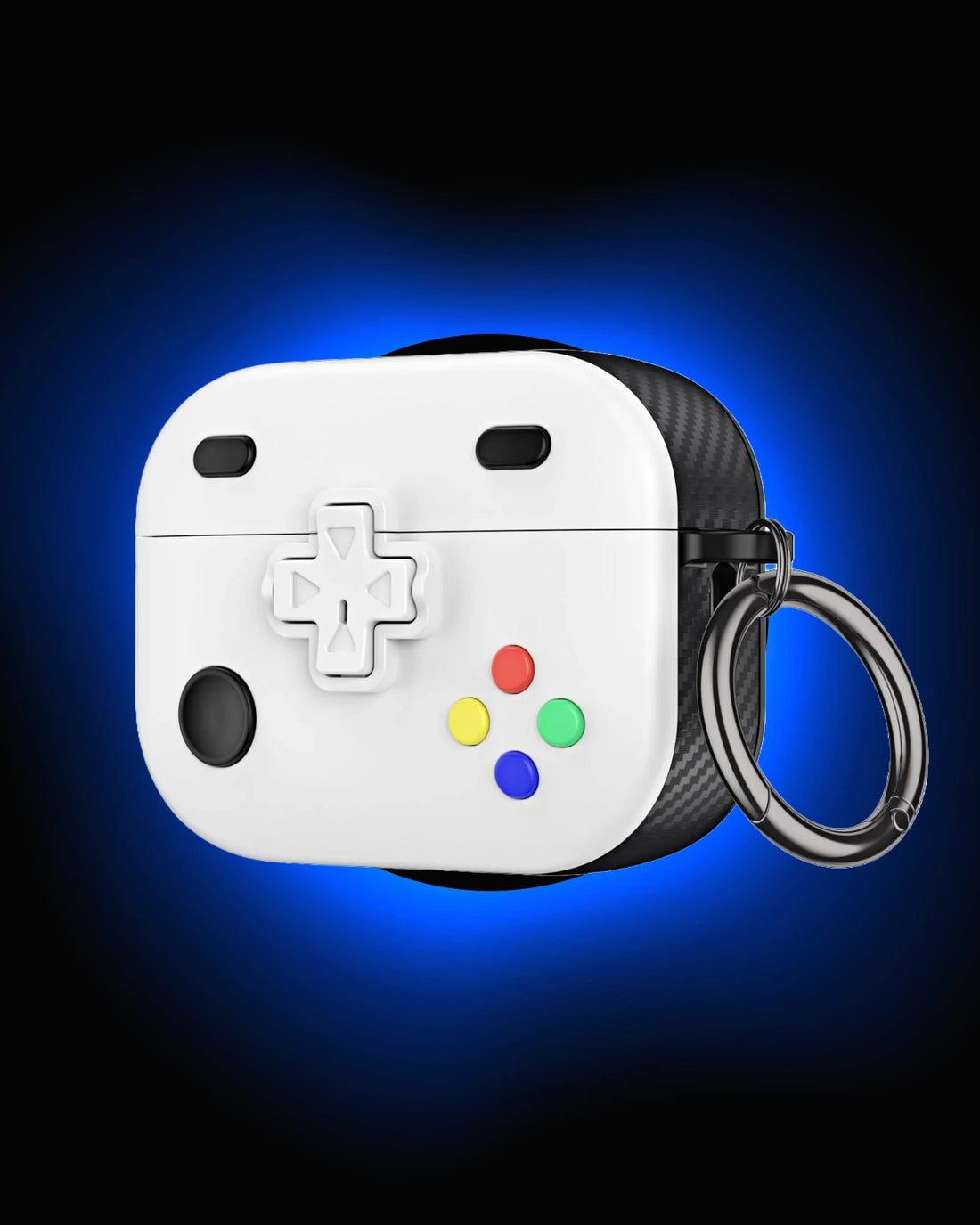 Game controller style airpod pro case with white finish and ring holder displayed outdoors on a rock