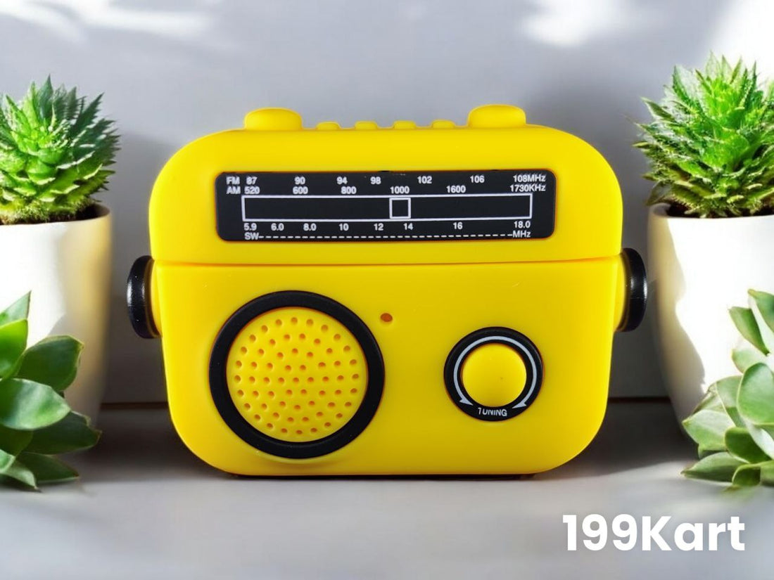 Bright yellow airpods pro 2 case designed like a classic radio,