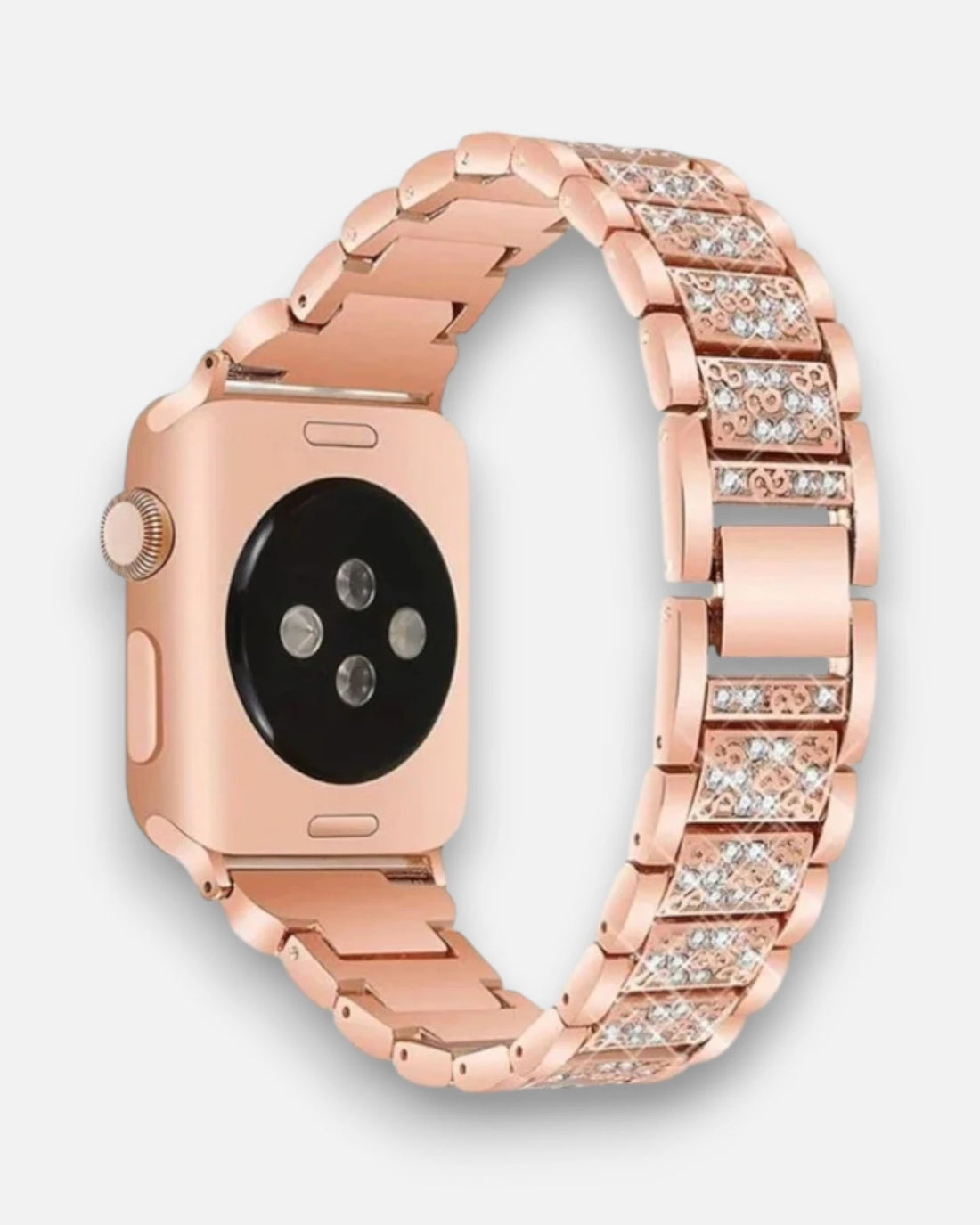 Rear view of a rose gold apple watch straps featuring stone studded links for a premium look.