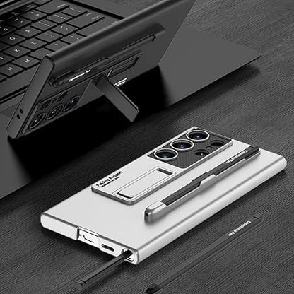  Dual tone Samsung cover placed on desk, showing foldable kickstand and S Pen in separate groove for S25 Ultra