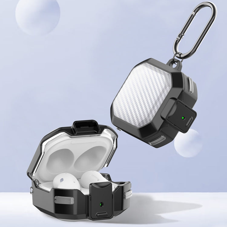Tough samsung buds with carabiner hook and carbon fiber texture, opened to reveal earbuds inside.