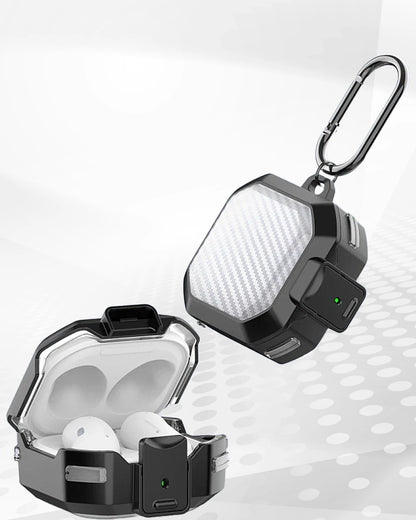 Tough samsung buds with carabiner hook and carbon fiber texture, opened to reveal earbuds inside.