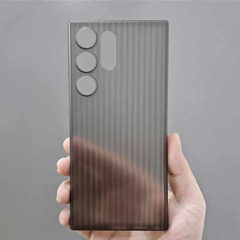 Dark translucent samsung cover for  S25 Ultra with vertical textured lines and full camera coverage.