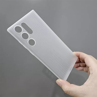 Frosted white Samsung cover with slim design and precision cut camera openings for S25 Ultra
