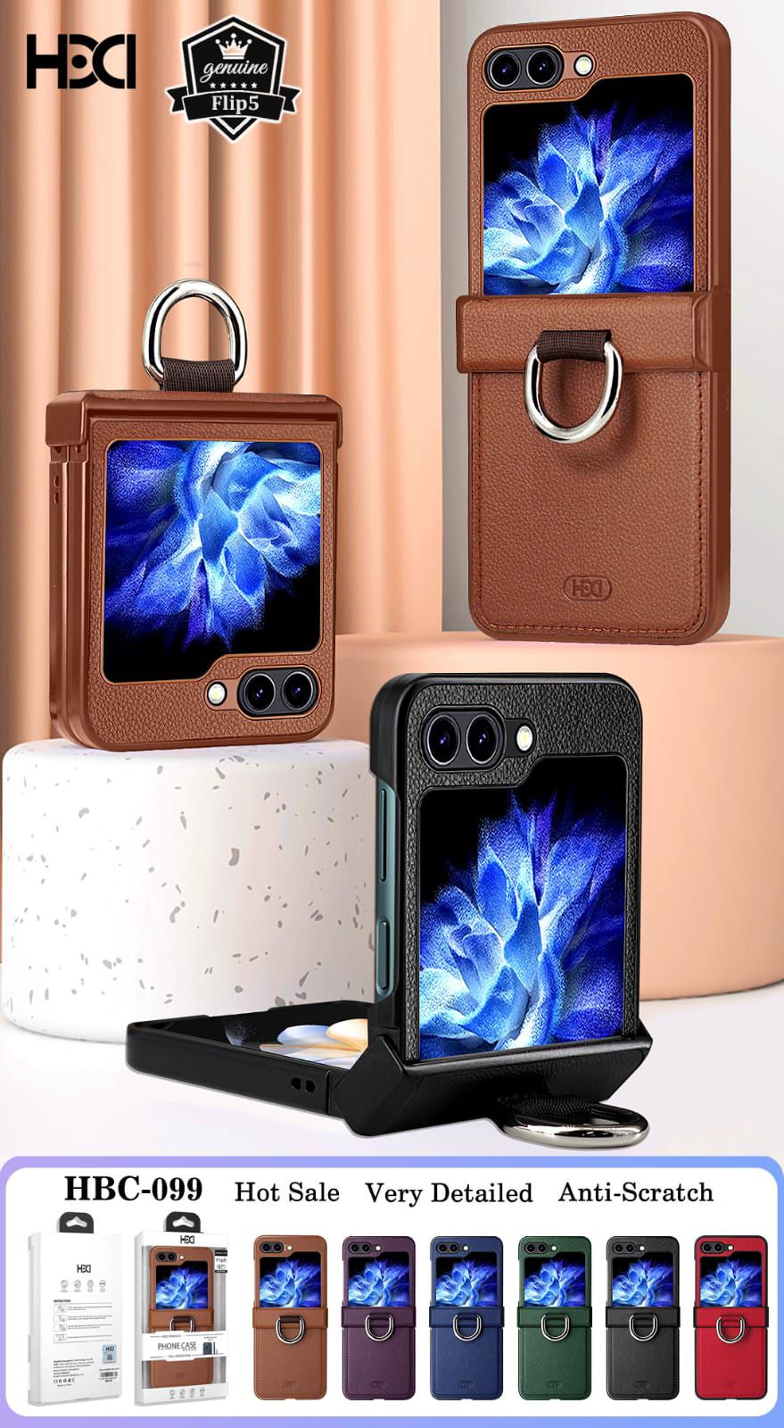 Stylish Samsung Galaxy Z Flip case in PU leather finish with hinge protection and a metallic ring stand, shown in various color options including black, green, blue, purple, and brown for samsung covers