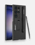 Full view of black Samsung cover with S Pen slot and adjustable stand for convenience for S25 Ultra