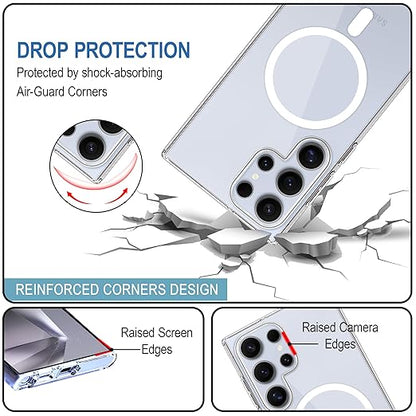 Transparent mobile cover for Samsung S25 Ultra with shock absorbing Air Guard corners and raised edges for drop and camera protection.