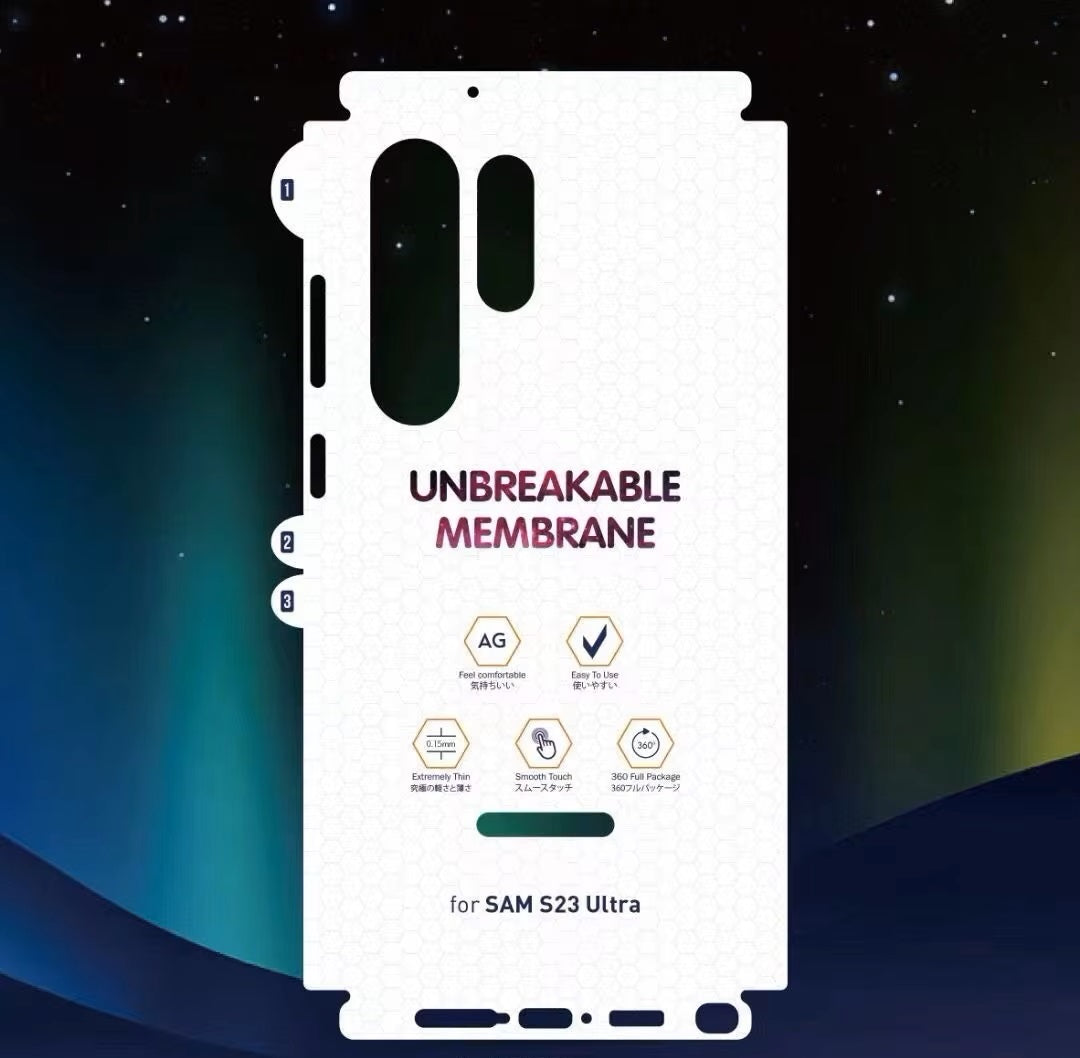 Full body back membrane film for Samsung S23 Ultra with unbreakable membrane, anti scratch and fingerprint resistant coating, designed for precise fit and clarity
