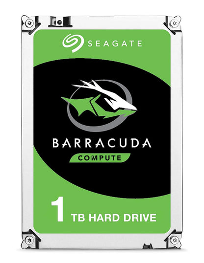 Front-facing view of Seagate Barracuda Compute 1TB hard drive with bold green and black branding design