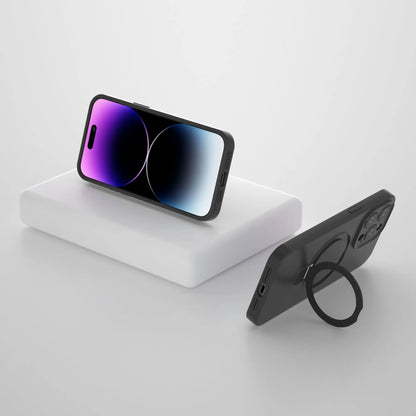 Black iPhone cover with a built in ring stand, iphone 16 pro case showing dual viewing angles for horizontal phone positioning