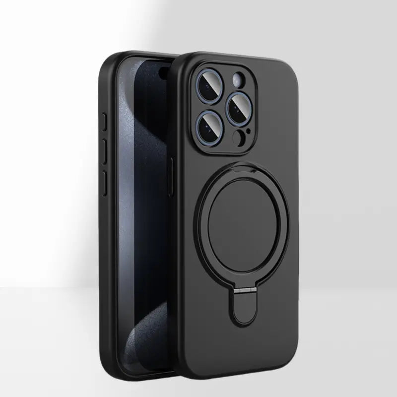 Matte black iPhone back cover featuring a built in stand ring and elevated camera protection layout for iphone 16 pro case