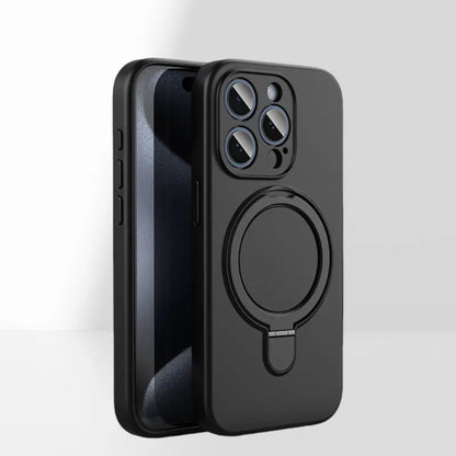 Matte black iPhone back cover featuring a built in stand ring and elevated camera protection layout for iphone 16 pro case