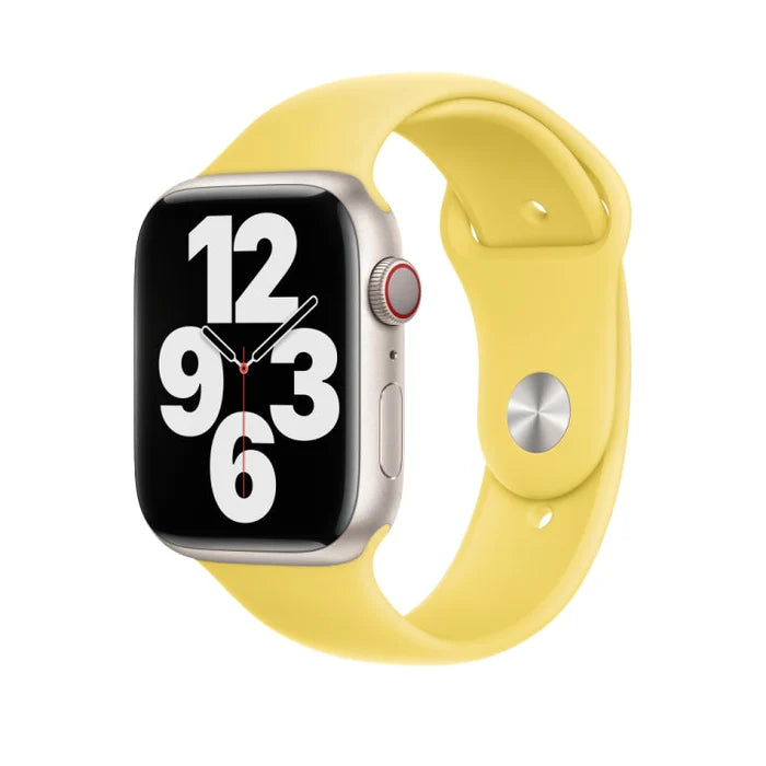 Yellow apple watch straps with a silver buckle, designed for a snug fit and durable daily wear