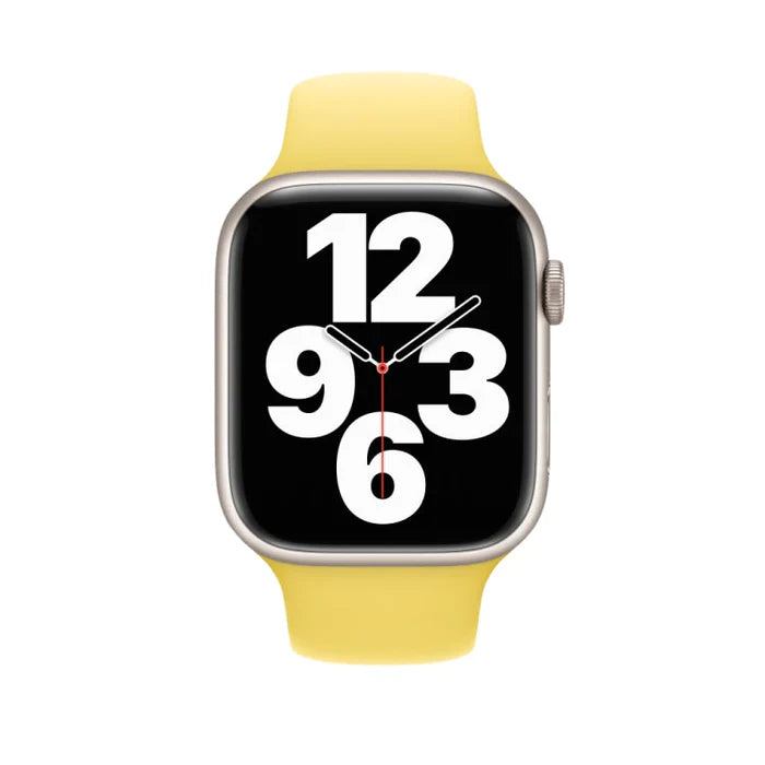 Apple Watch with a vibrant yellow apple watch straps, featuring a bold numeric watch face and a comfortable, modern design