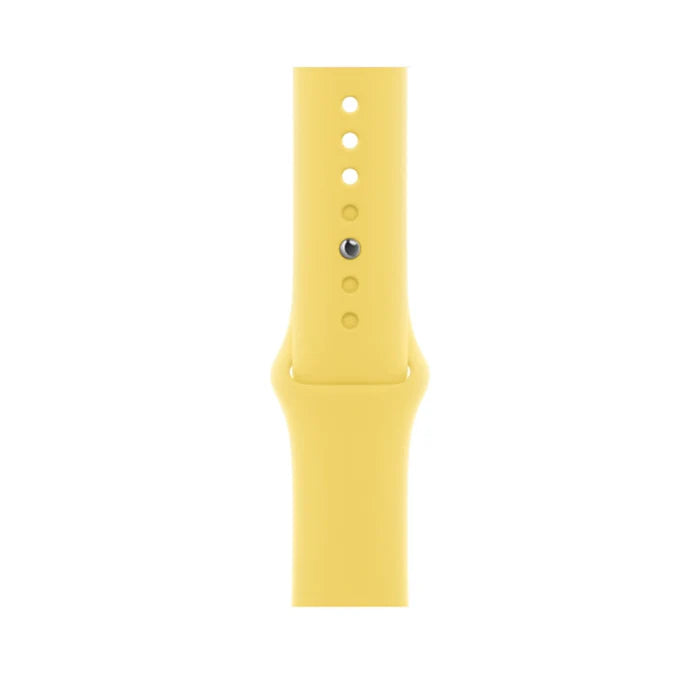  Close up of a yellow apple watch straps with multiple adjustment holes and a silver button clasp for flexibility