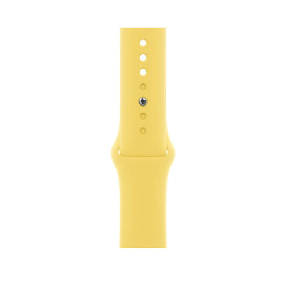  Close up of a yellow apple watch straps with multiple adjustment holes and a silver button clasp for flexibility