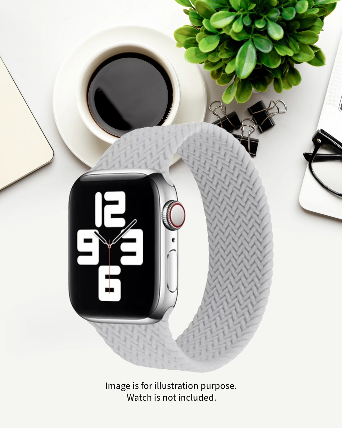 Apple Watch with a grey braided solo loop strap, apple watch straps offering a clean and minimal look.
