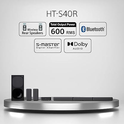 Sony HT S40R sound system highlights with 600W RMS output, Bluetooth, Dolby Audio, wireless rear speakers, and S Master amplifier support.