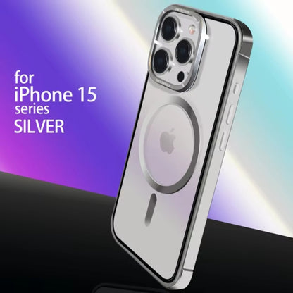 Transparent iPhone cover with MagSafe ring for iphone 15 pro max cover, showcasing a sleek silver finish and metallic edges