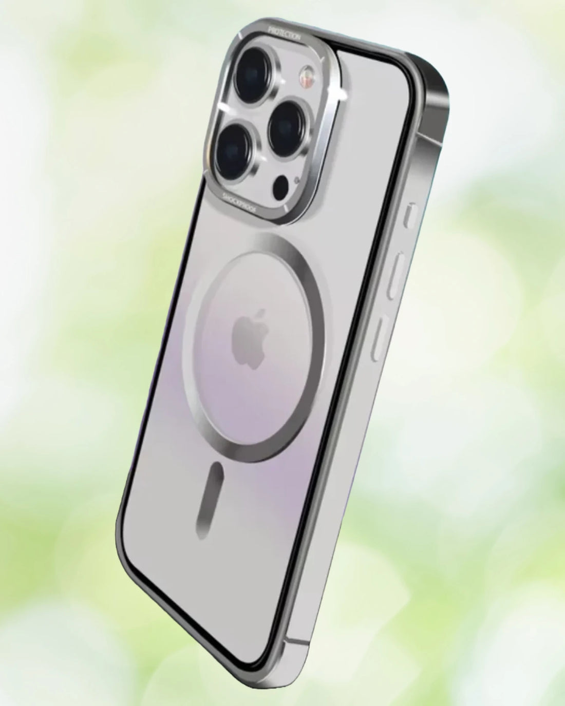 Transparent iPhone cover with MagSafe ring for iphone 15 pro max cover, showcasing a sleek silver finish and metallic edges