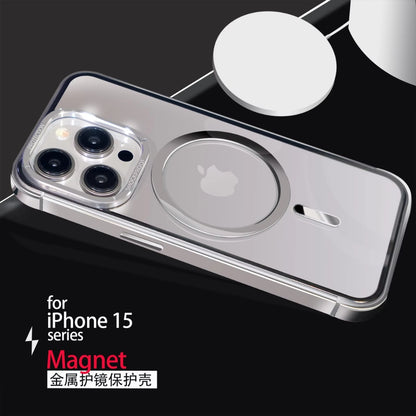Back view of an iPhone case with a built in MagSafe magnet, designed for iphone 15 pro max cover with glossy silver protection.
