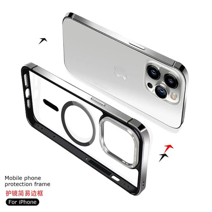 Clear magnetic mobile cover for iphone 15 pro max cover being assembled, showing its metal frame and camera cutout.