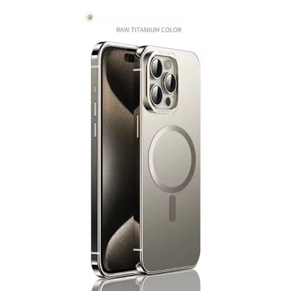 Black MagSafe iPhone cover with metal edge and circular magnetic ring design, iphone 15 pro max cover showcasing slim profile and sleek matte finish.