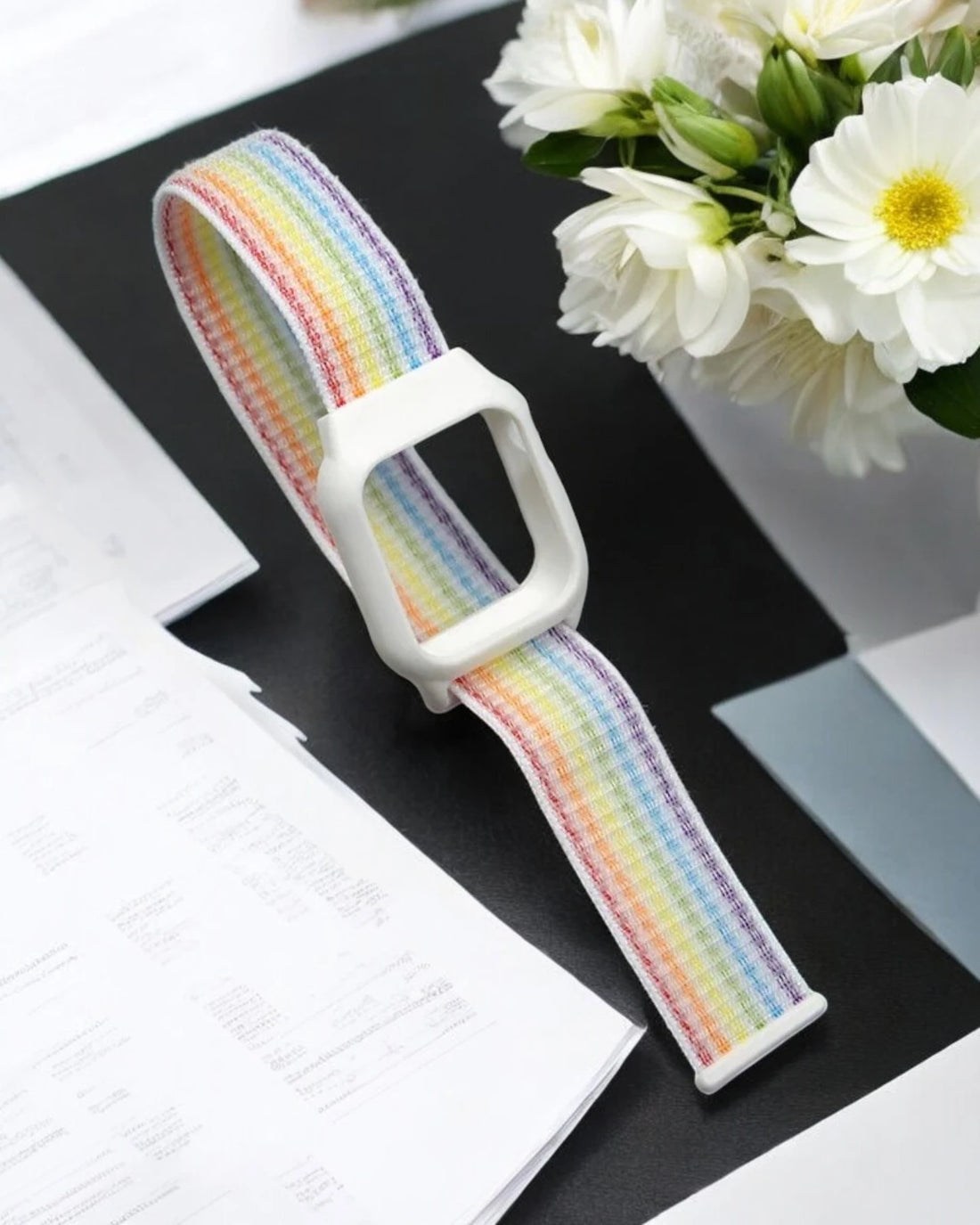 Rainbow coloured apple watch straps Showcasing its diverse patterns and hues for a stylish accessory choice